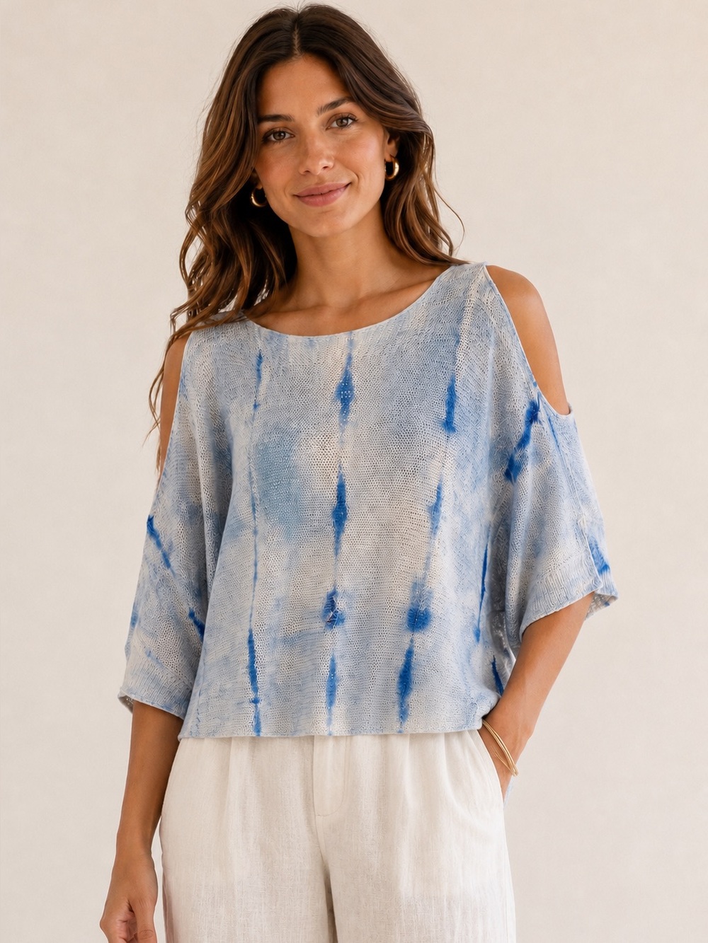 Luisa Ricci Italy Blue Tie Dye Batwing Cold Shoulder Open Knit Sweater Top S